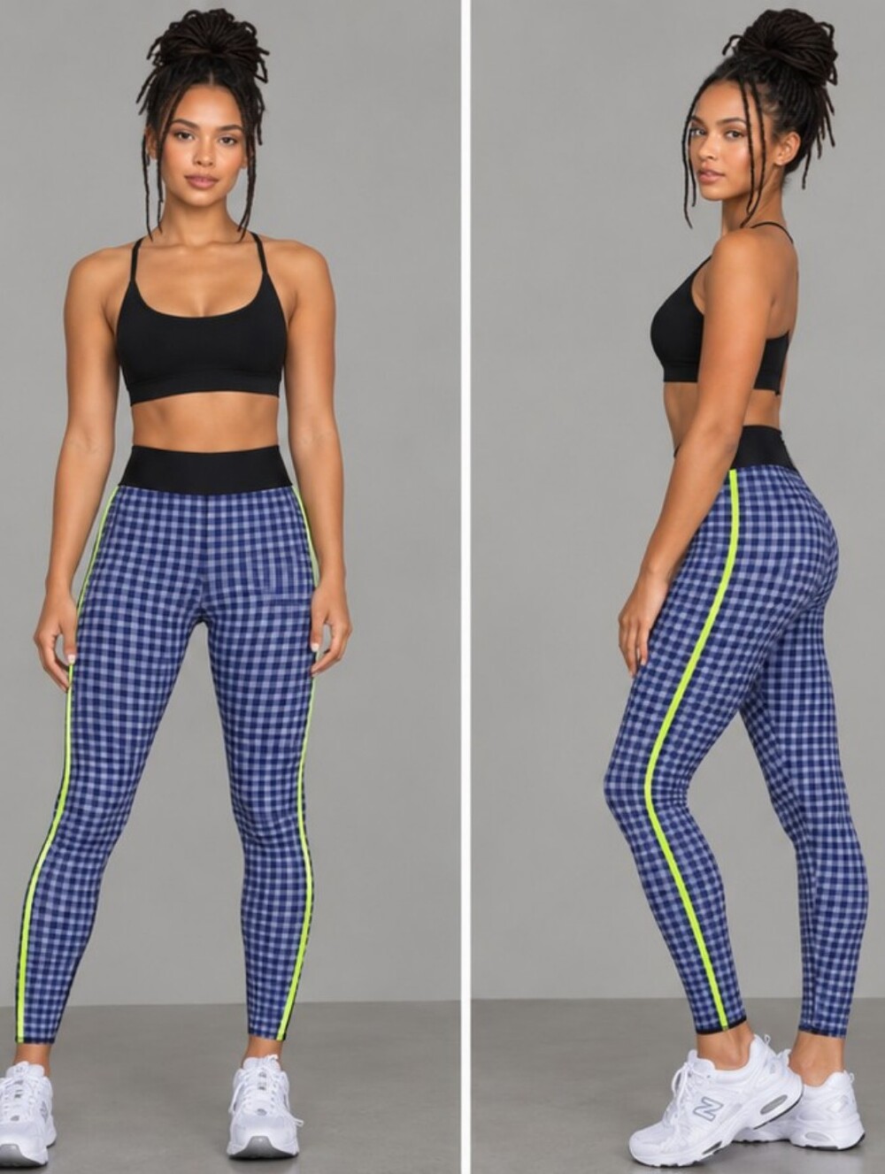 Blue Gingham High-Rise Leggings with Neon Lime Stripe - Picture 1 of 9